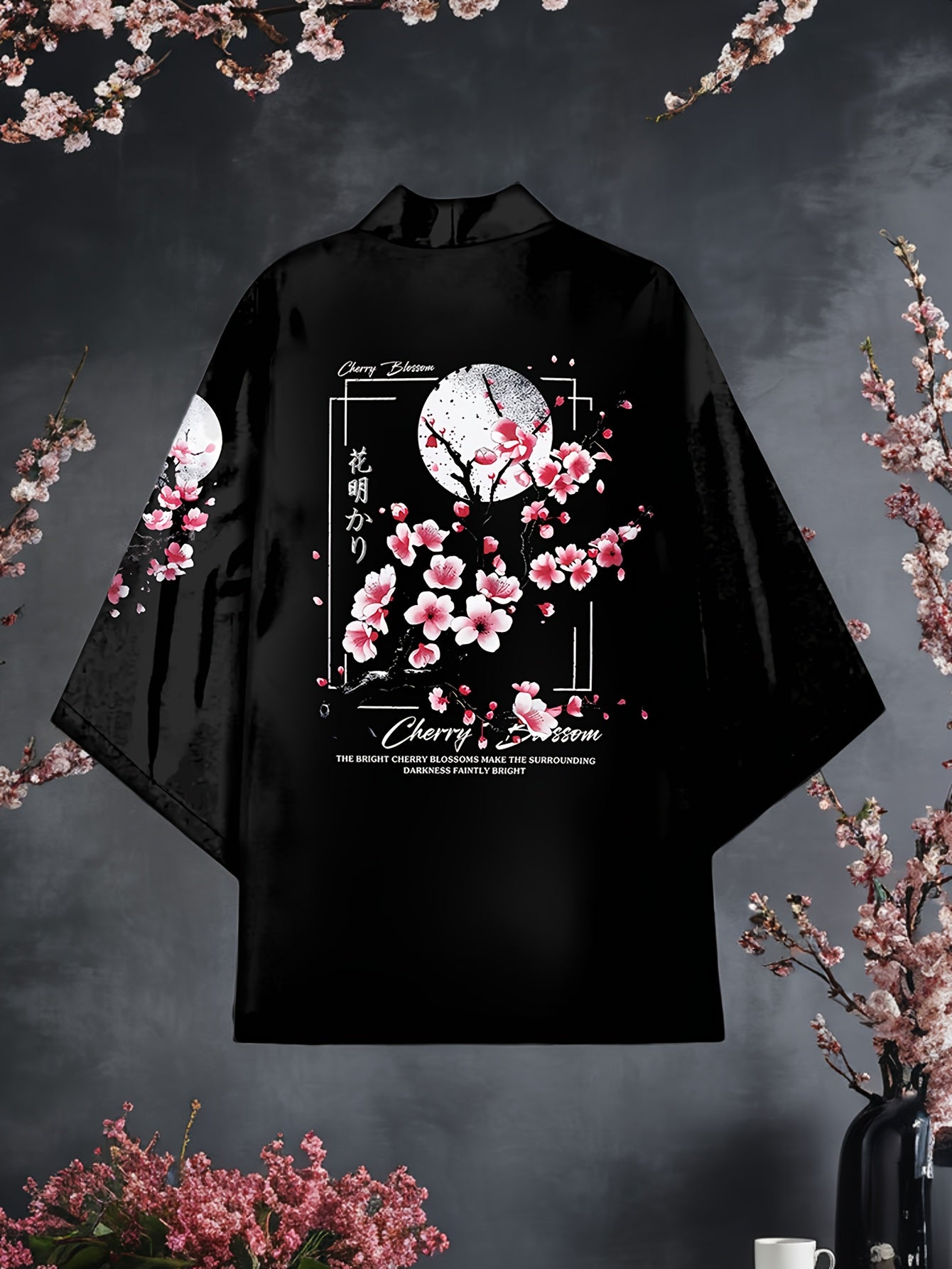 Men's Black Cherry Blossom Kimono Cardigan Open Front Floral Print Lightweight Polyester Casual