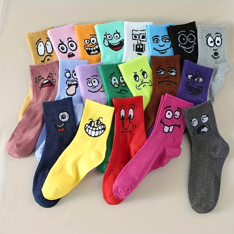Women's Colorful Mid Tube Socks 10 Pairs Cartoon Expressions Knee-High Hosiery