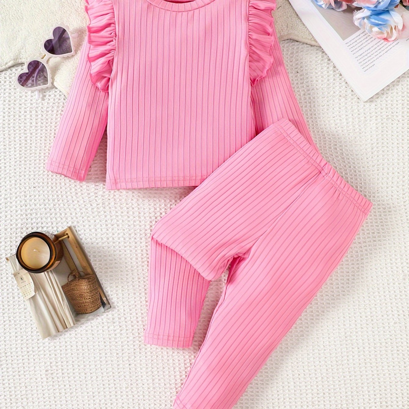 Qizlar uchun bolalar kiyimlari to'plami, uzun qo'lqopli Petal Pink chiziqli kofta va shimlar, kuzgi tashqi faoliyatlar uchun