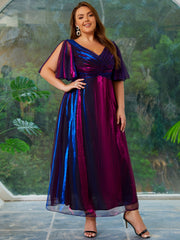 Vestido midi de talla grande con escote en V, mangas con volantes y abertura lateral púrpura dorado