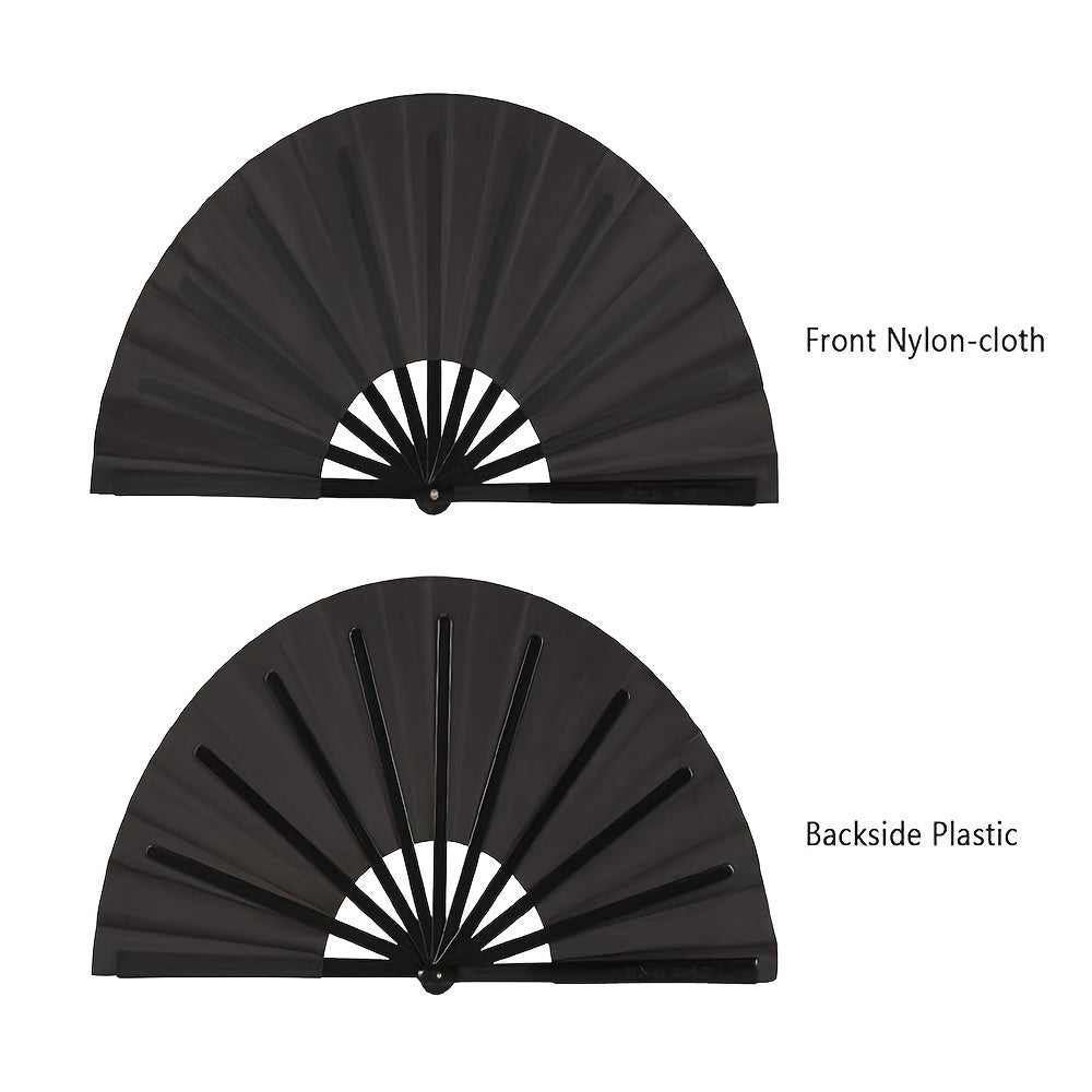 Black Folding Fan Set 2 Pieces Handheld Nylon Cloth Chinese Kung Fu Festival Party Favors