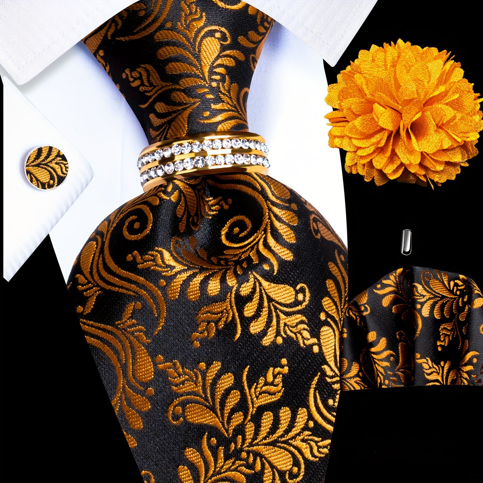 Men's Formal Tie Set with Pocket Square Cufflinks Tie Clip Lapel Pin and Ring for Weddings and Occasions