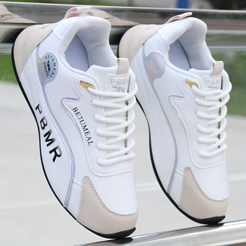 Women's White Gold Low-Top Sneakers Synthetic Lace-Up Casual Comfortable