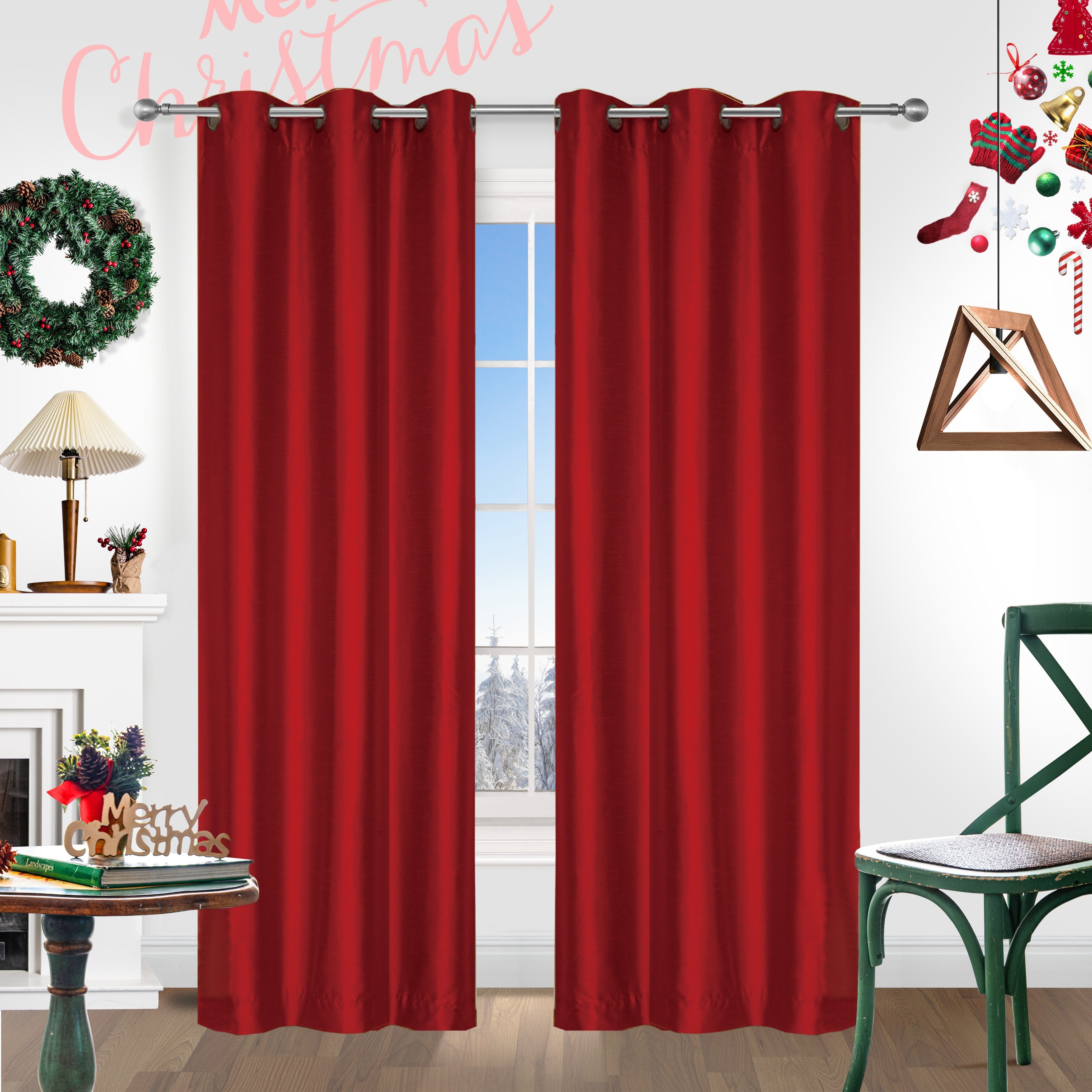 Red Christmas Curtains 2 Pieces Faux Silk Grommet Top for Living Room Bedroom Office