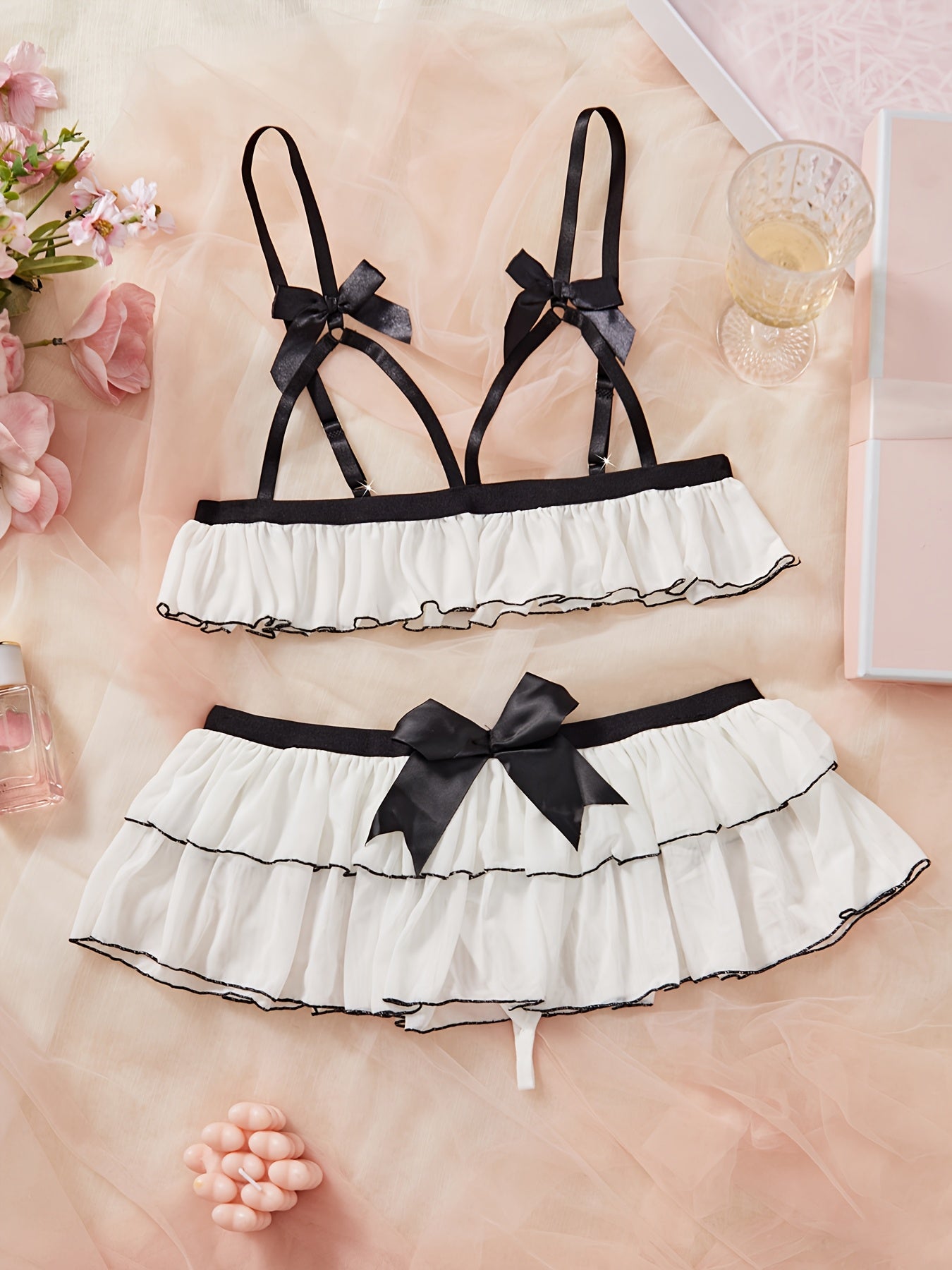 Sheer Lace Bowknot Lingerie Set for Women