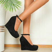 Women's Solid Color Wedge Heel Shoes Platform Pumps with Buckle Strap