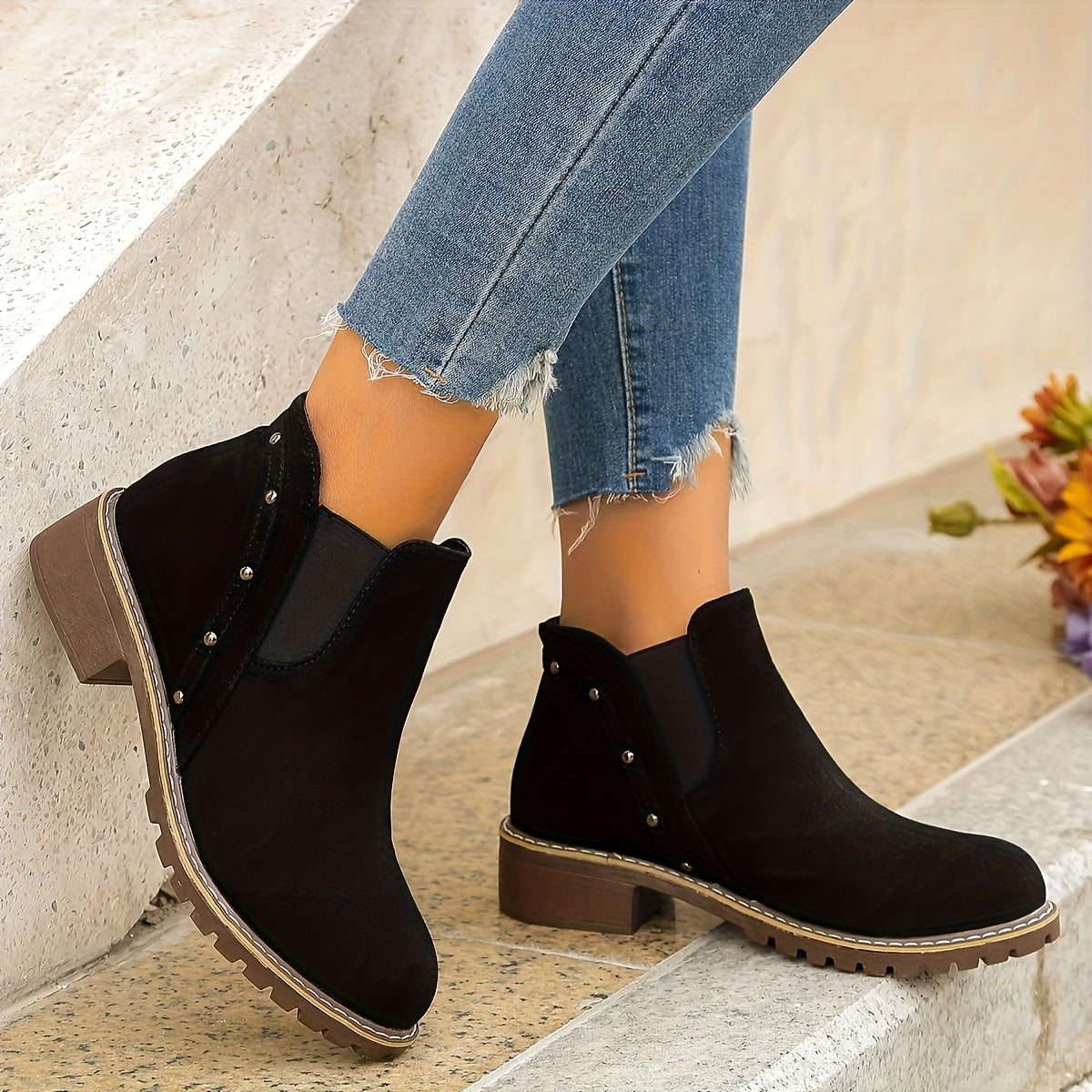 Women's Black Chunky Mid-Heel Boots with Round Toe Zipper Non-Slip