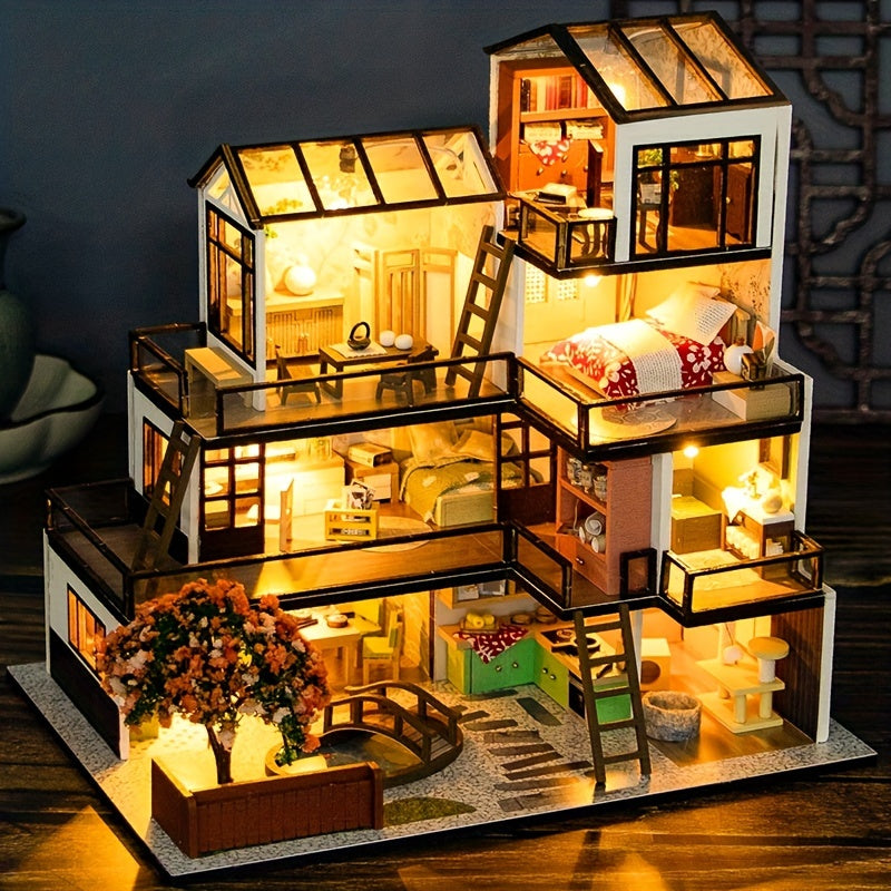 Kit de casa de muñecas en miniatura con luces LED y muebles para adolescentes y adultos