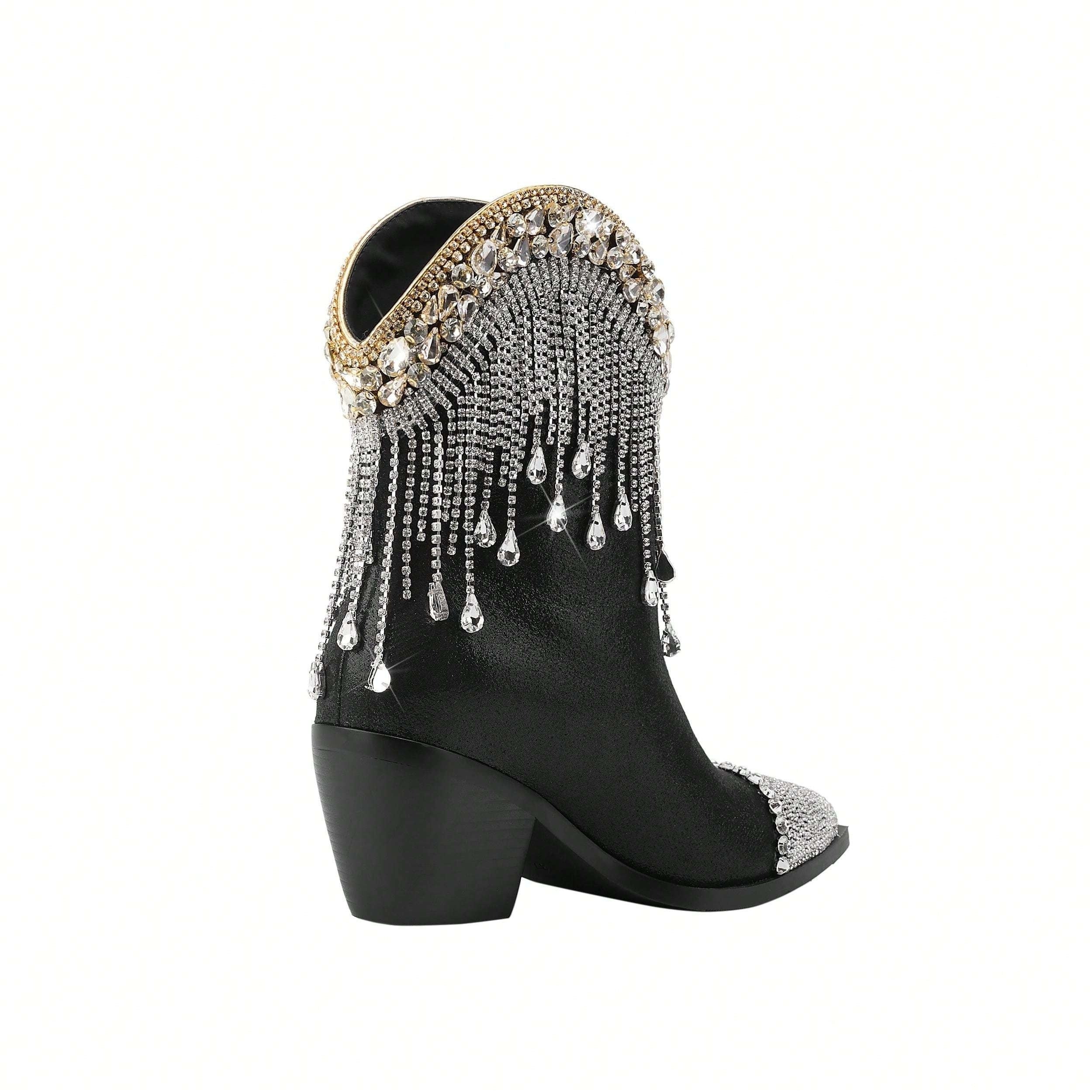 Women's Western Ankle Boots Rhinestones Chain Pointed Toe Block Heel
