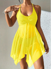 Mesh to'quvli, qattiq rangli, cho'zilgan bo'yin va spaghetti kamarli bikini to'plami, Sevishganlar kuni uchun, plyaj yoki basseyn uchun mukammal.