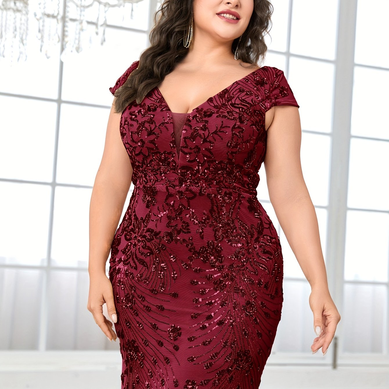 Plus Size Floral Sequin Mesh Bodycon Dress Longline Cap Sleeve Party Wear
