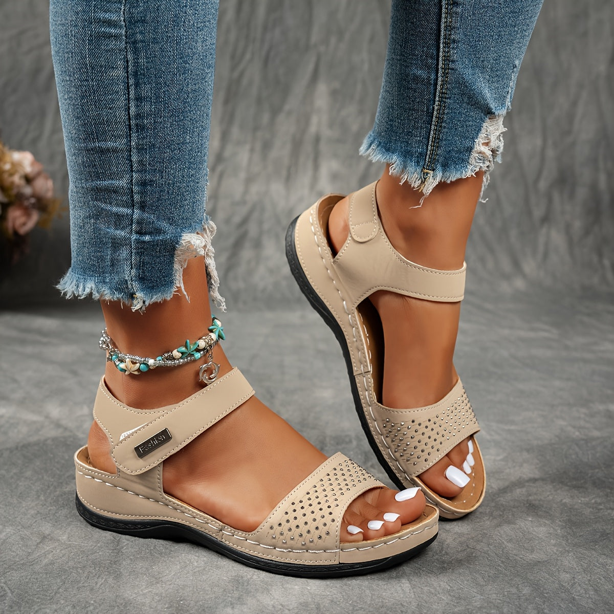 Women's Rhinestone Sandals Open-Toe Chunky Heel Summer Beach Casual