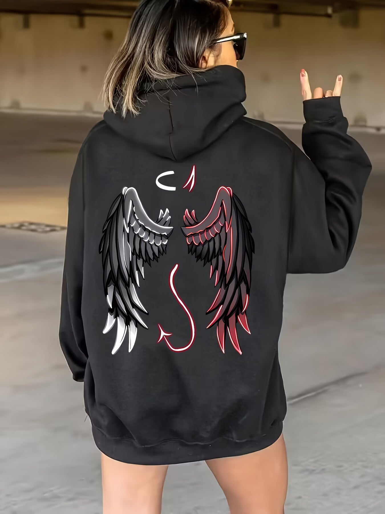 Plus Size Wings Print Drawstring Hoodie Casual Long Sleeve Pullover