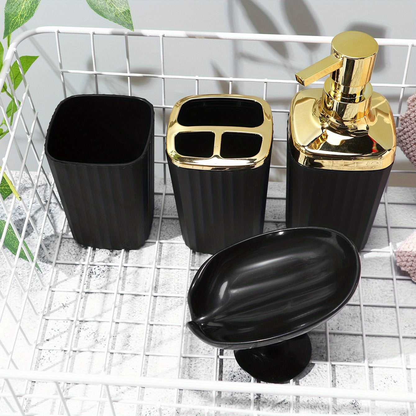 4-Piece Bathroom Accessory Set Lotion Dispenser Toothbrush Holder Mouthwash Cup Soap Dish