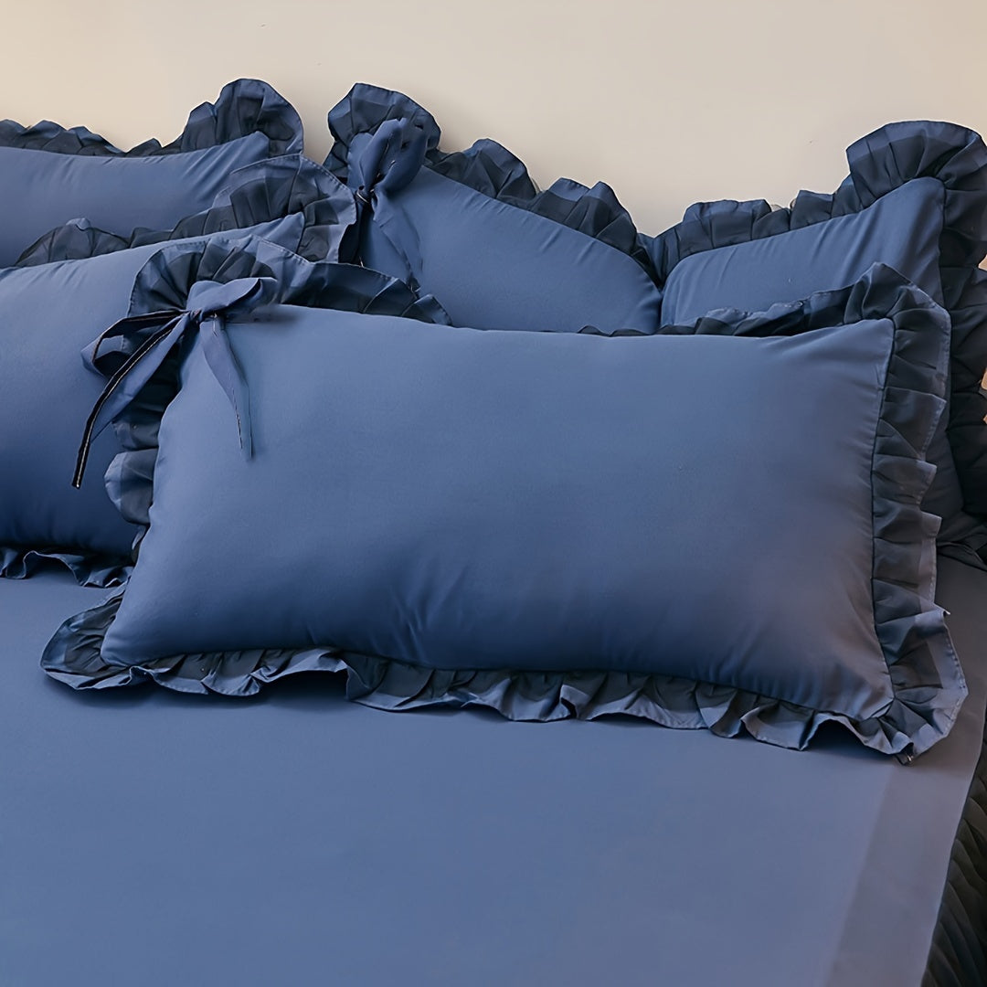 Soft Solid Color Brushed Envelope Pillowcase with Lotus Leaf Lace for Sofa Bed