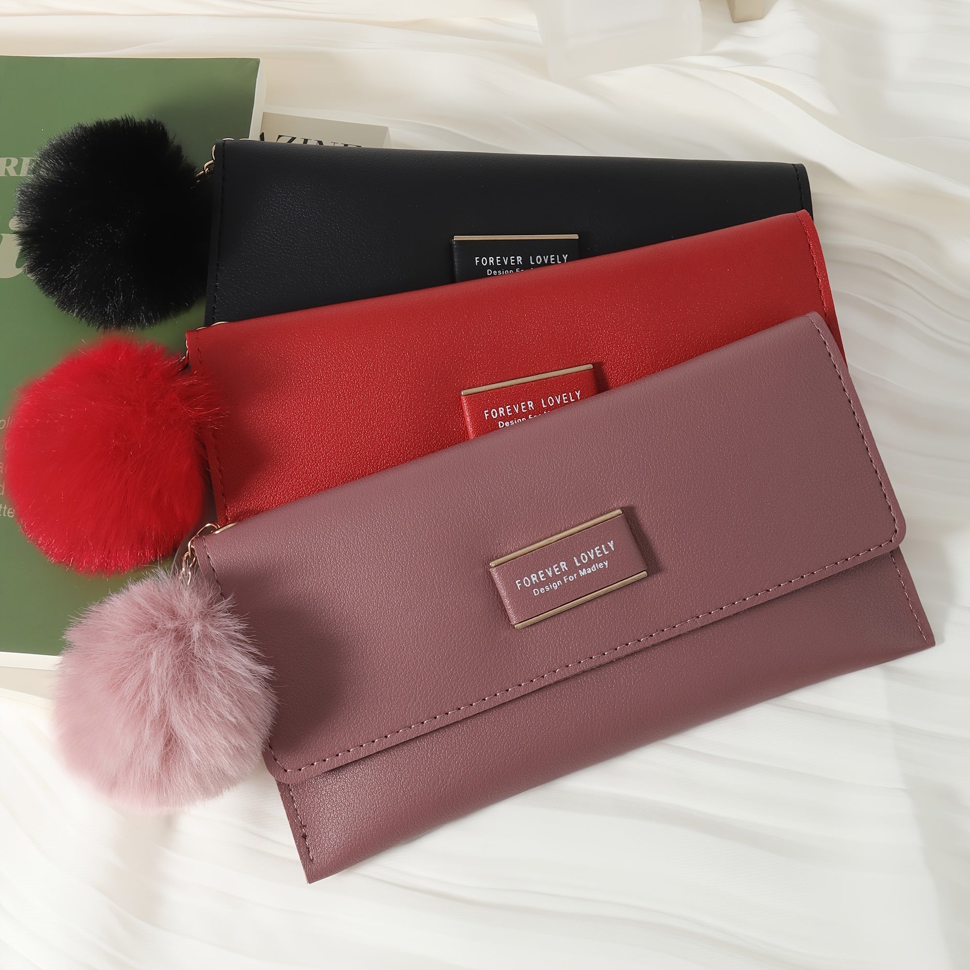 Women's Foldable PU Wallet with Fur Ball Decoration and Card Slots
