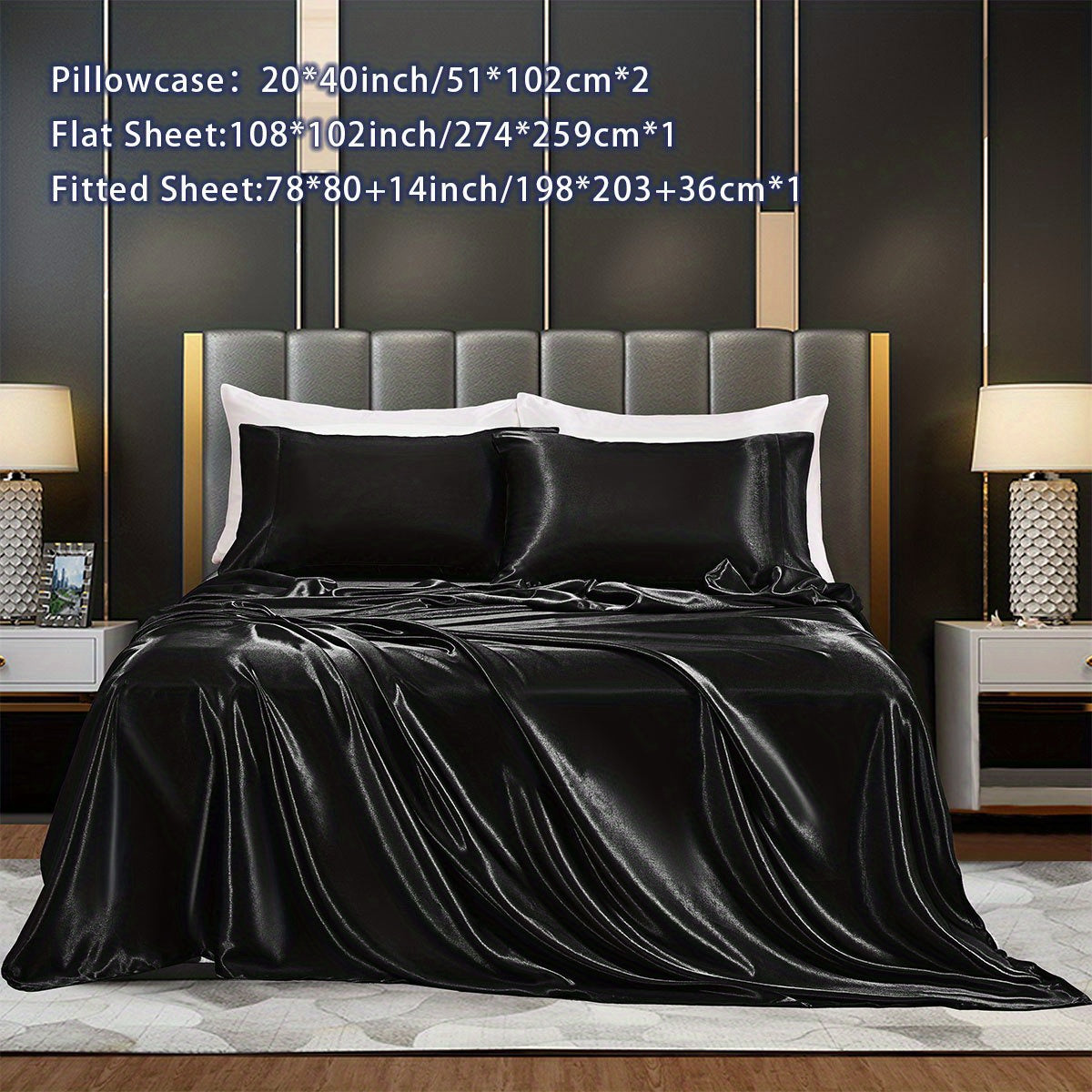 Satin Bed Sheets Set Fitted and Flat Sheets with Pillowcases for Bedroom