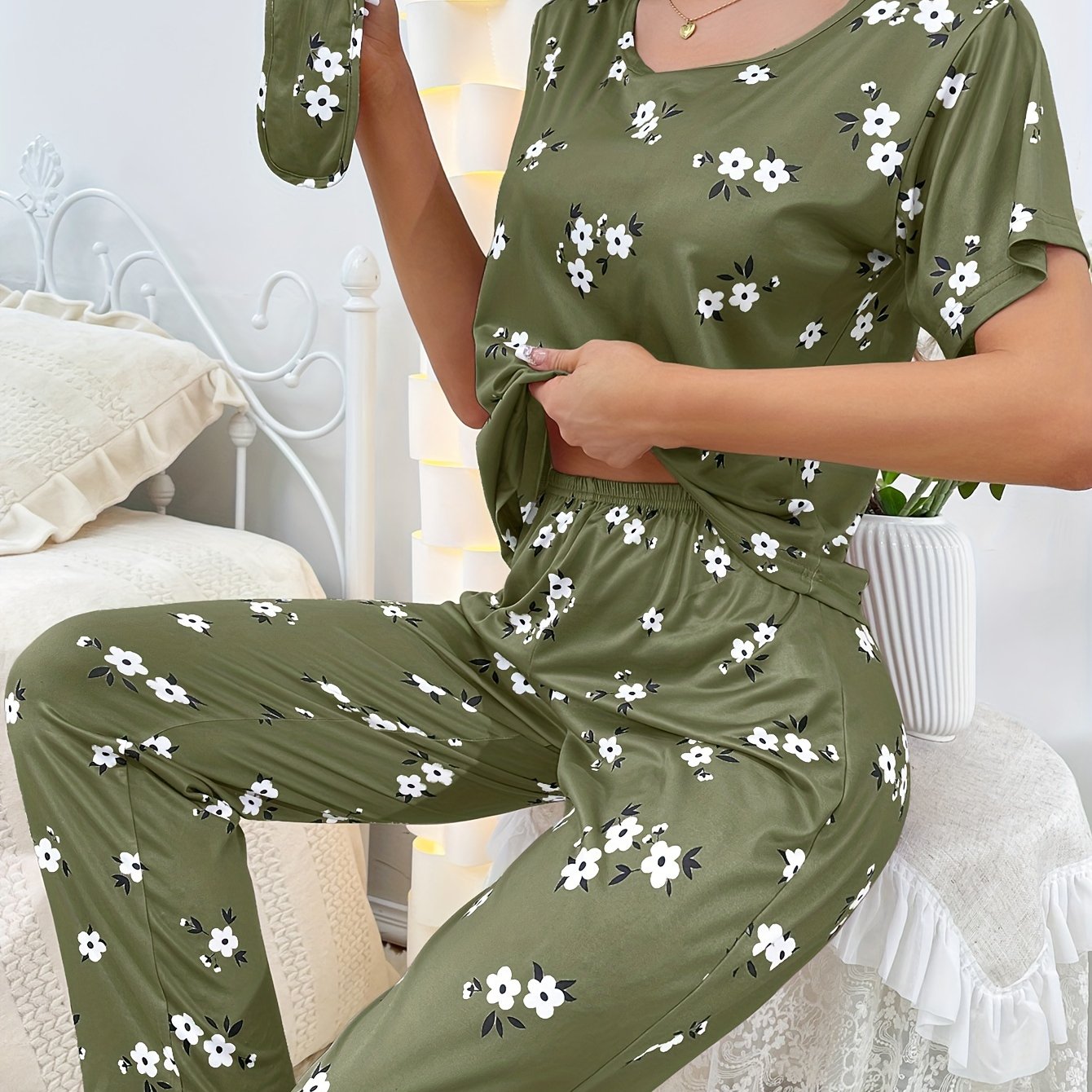 Women's Floral Print Sleepwear Set with Short Sleeve Top and Pants Summer Pajama Lounge Set