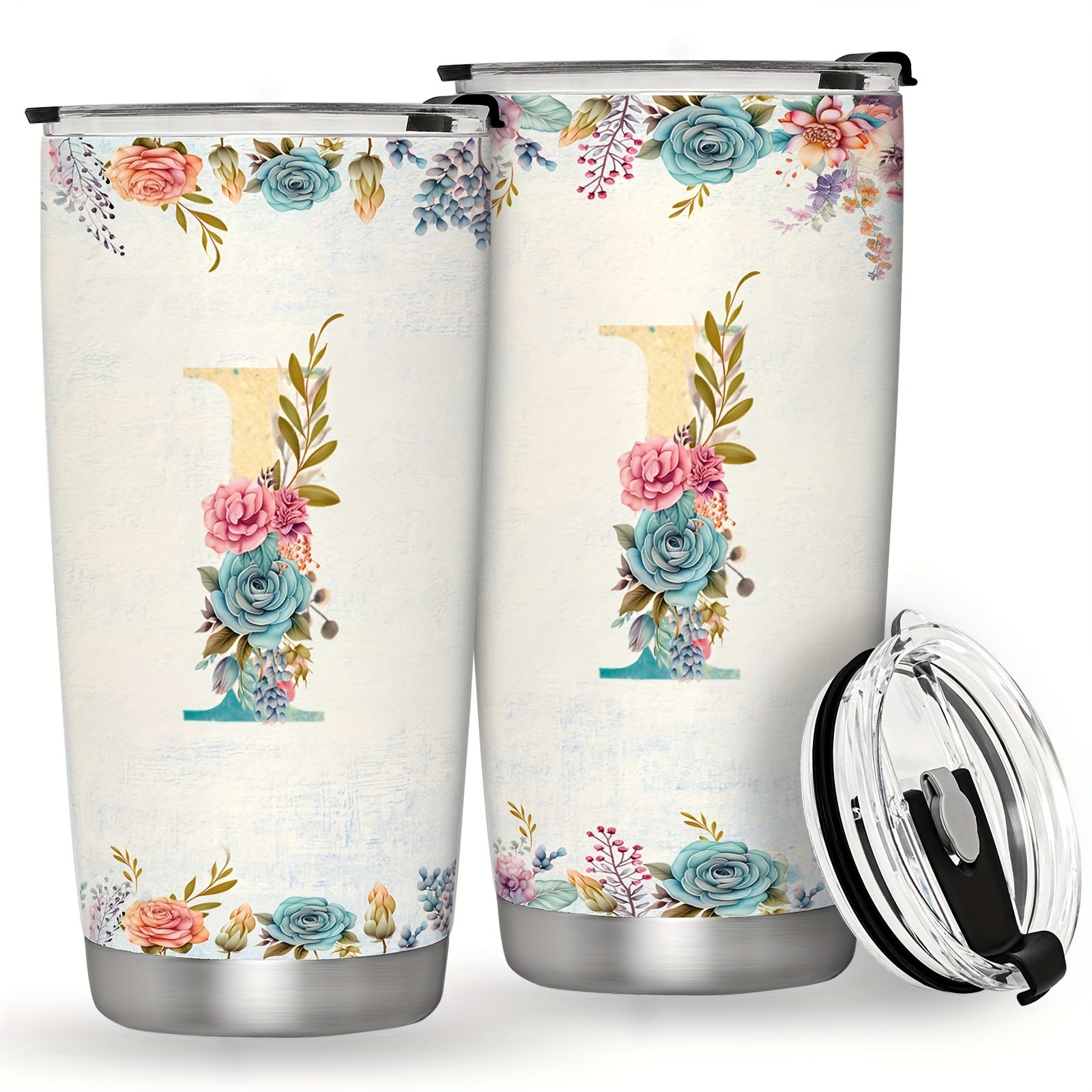 20oz Stainless Steel Tumbler with Monogram Floral Design Leak Proof Lid for Outdoor Use