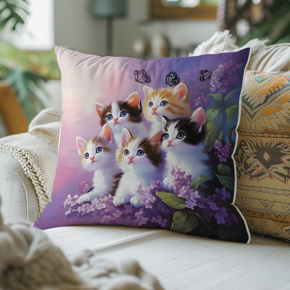 Kitten and Lavender Throw Pillow Cover Soft Polyester Knit Sofa Bed Decor