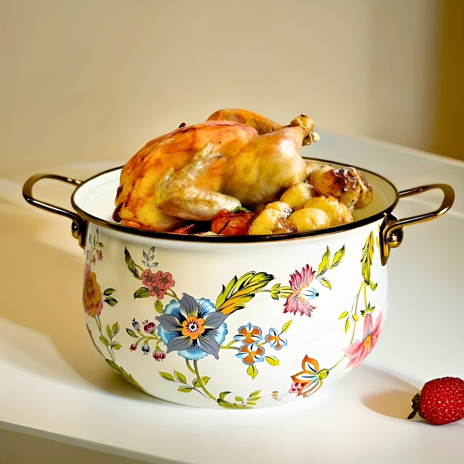 Enamel Double-Handled Soup Pot 5L Non-Stick Dishwasher Safe Floral Design