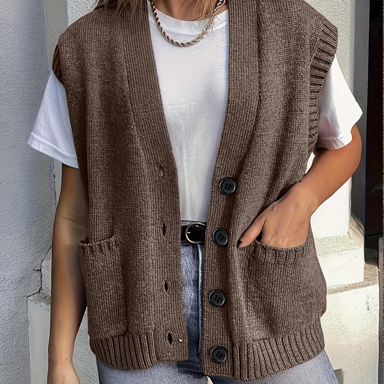 Plus Size Sleeveless Knit Cardigan With Pockets Casual Women’s Clothing