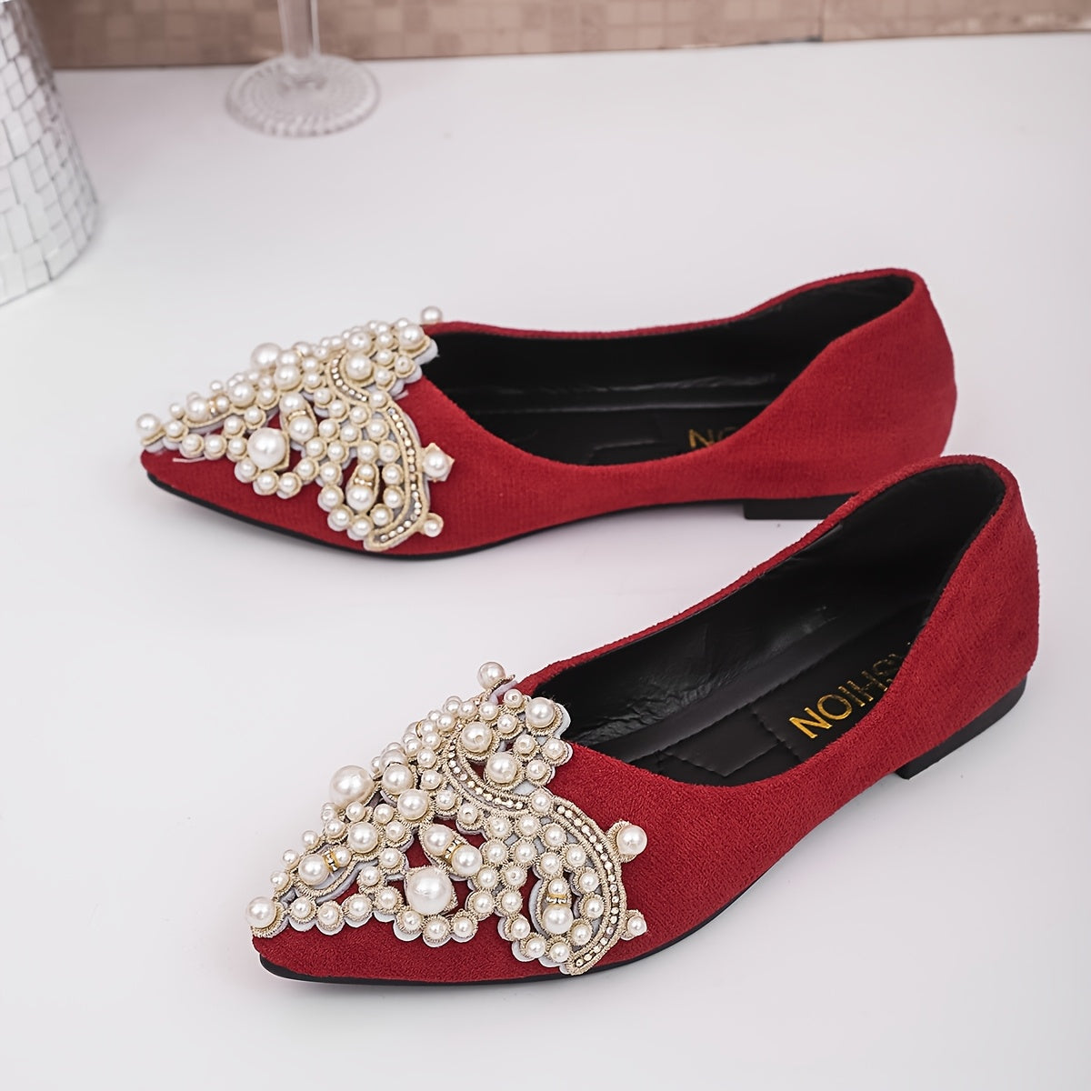 Women's Slip-On Flats with Faux Pearl and Rhinestone Embellishments Lightweight Pointed Toe Shoes for All Seasons