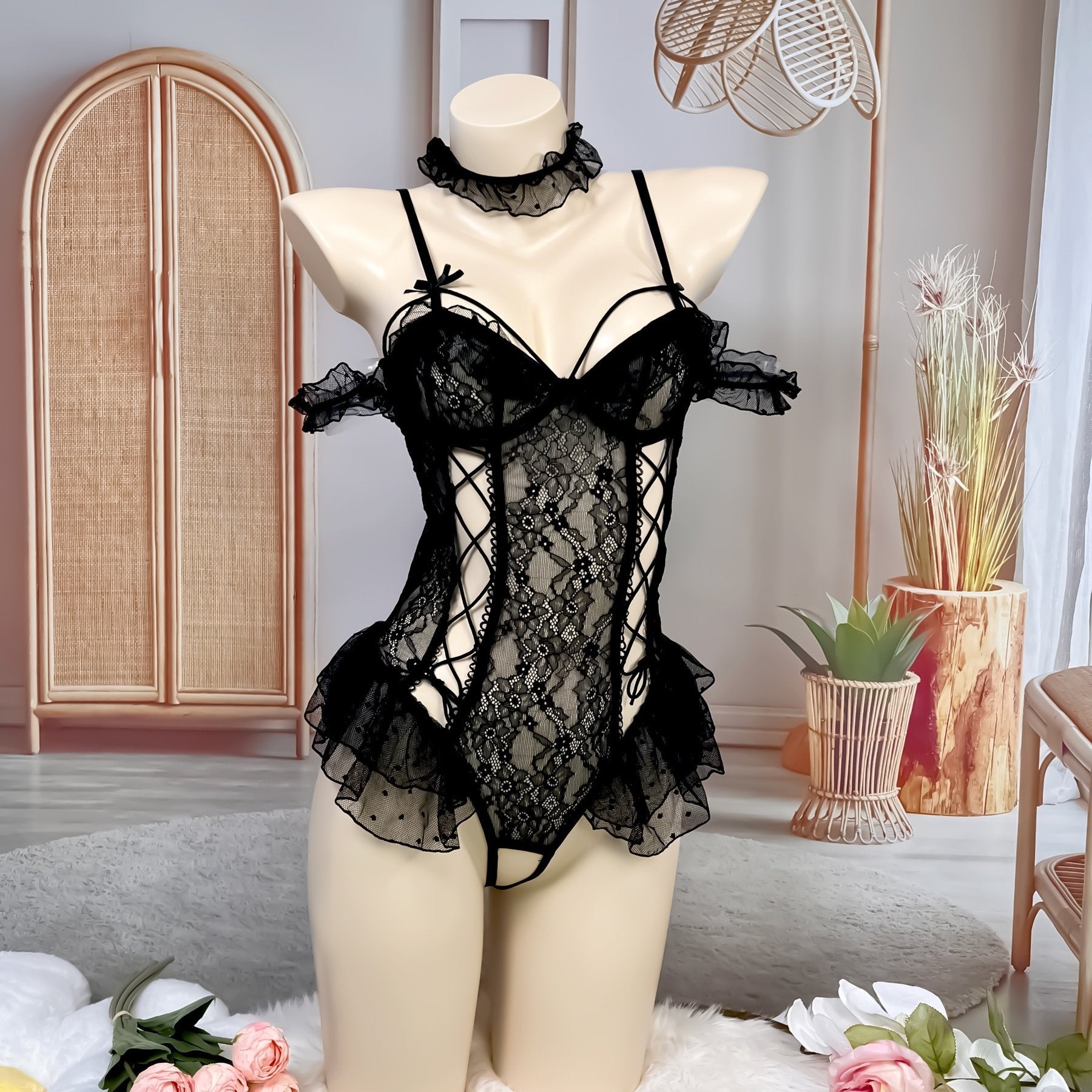 Women's Black Sleek Shoulder Strap Bodysuit Lingerie Top