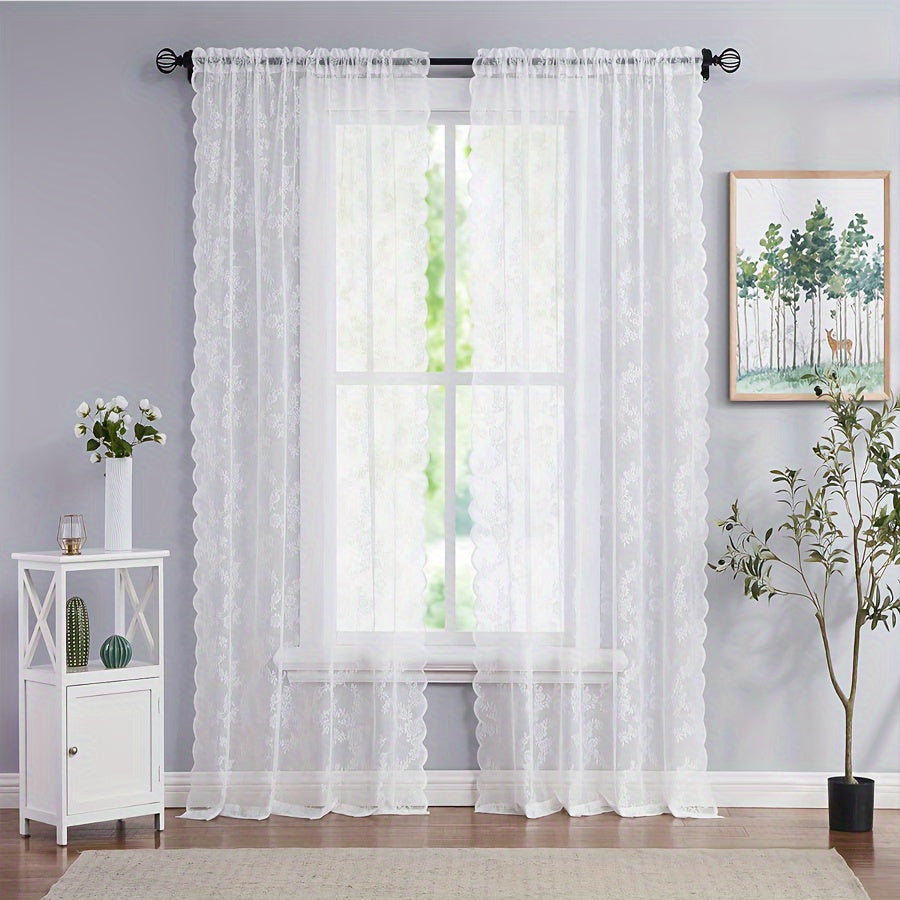 White Lace Sheer Curtain with Floral Design UV Protection Rod Pocket Window Treatment for Living Room Bedroom