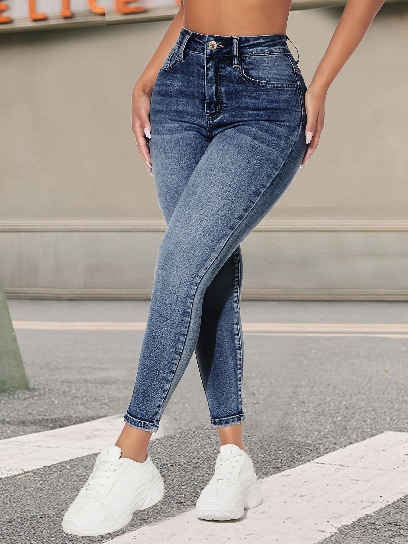 Women's Blue Stretch Skinny Jeans with Slash Pockets and High-Elastic Denim