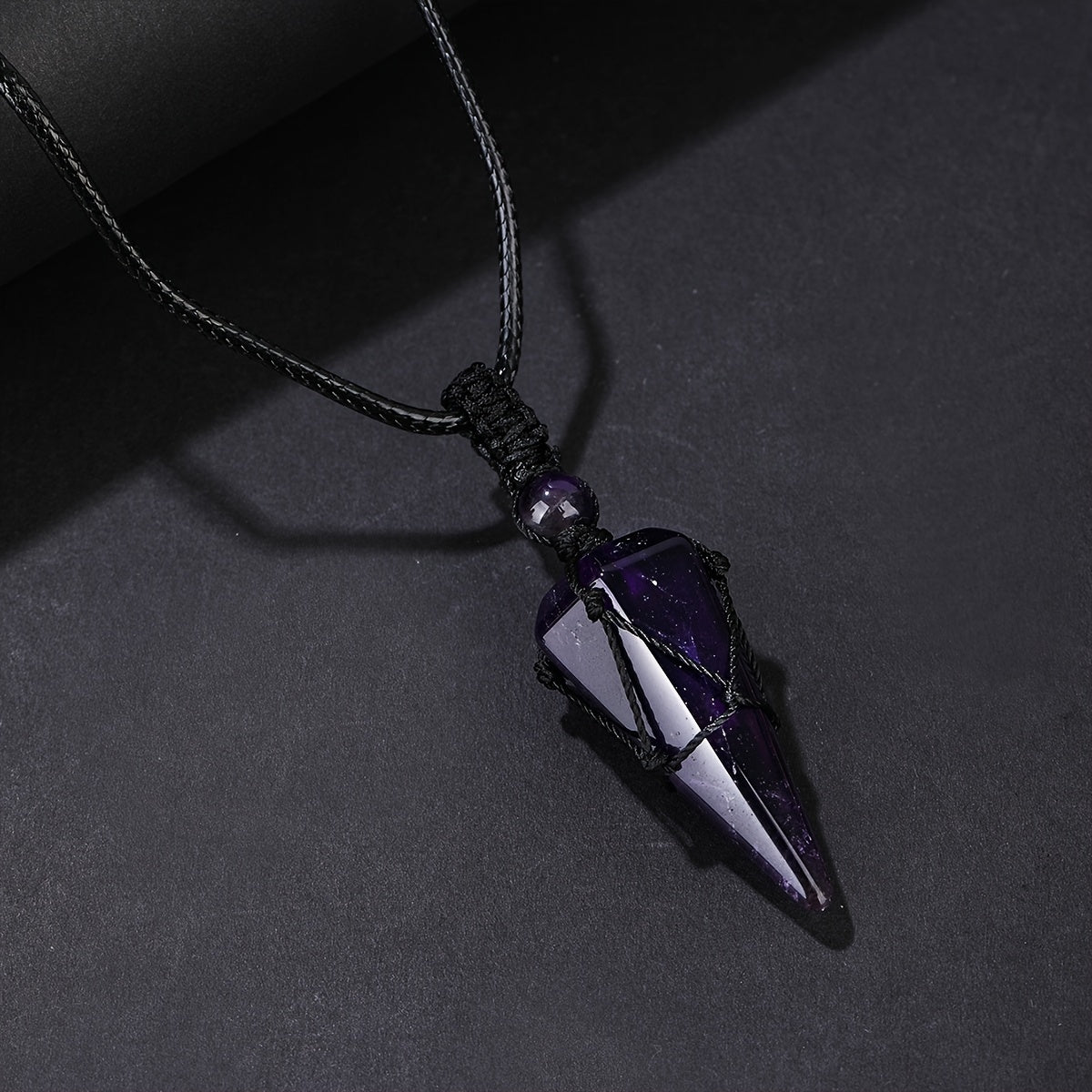 Men's Hexagonal Cone Pendant Necklace with Braided Rope and Amethyst Crystal