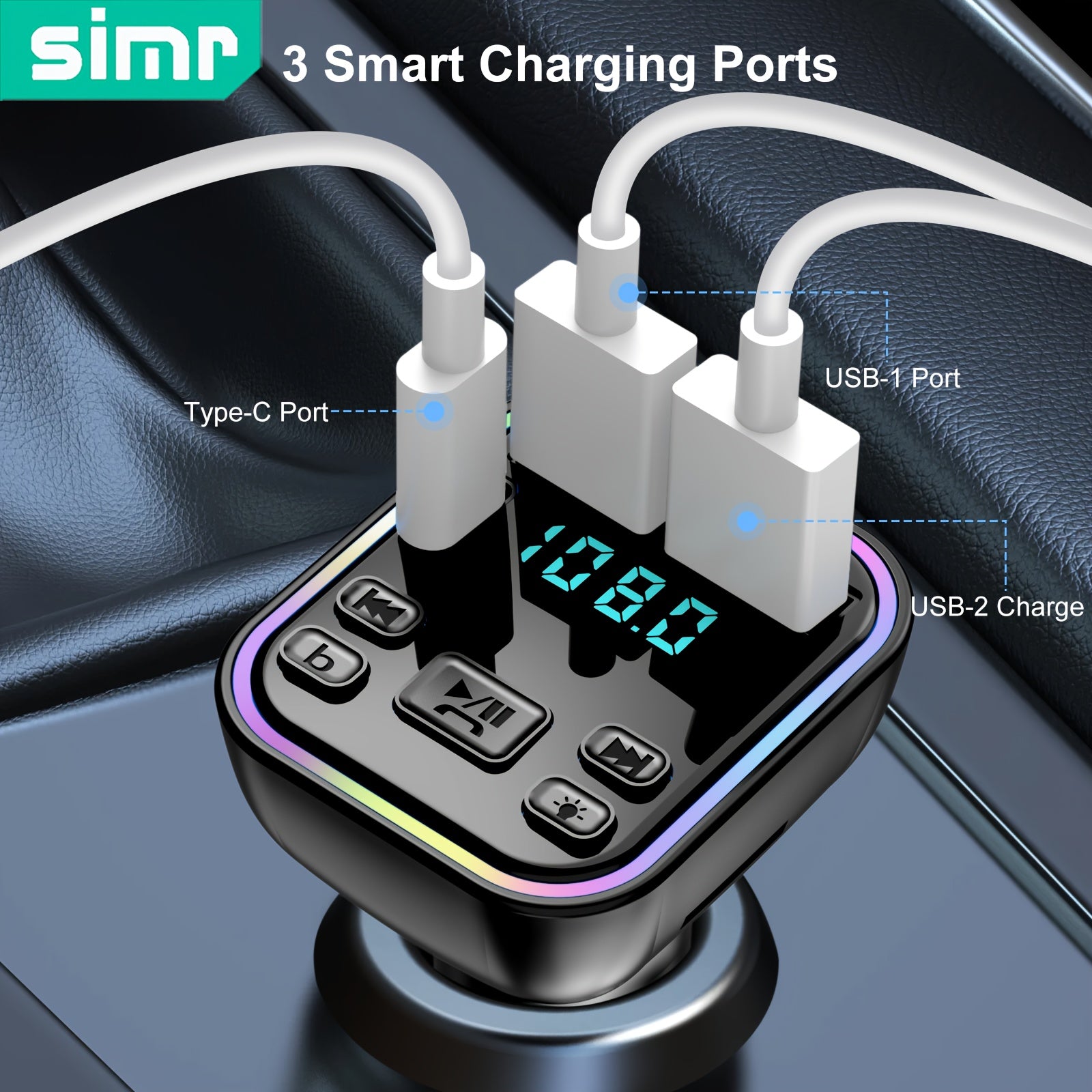 FM Transmitter Car Charger with Wireless MP3 Player Hands-Free Calling Dual USB-C Fast Charging