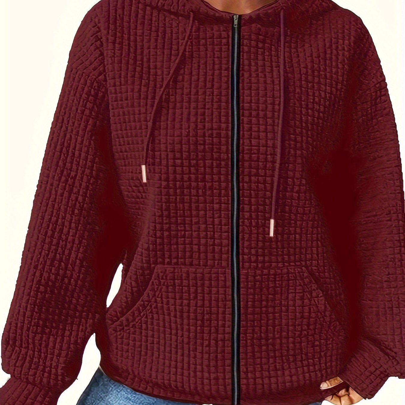 Sudadera con capucha de waffle para mujer talla grande con bolsillos con cremallera y cordón