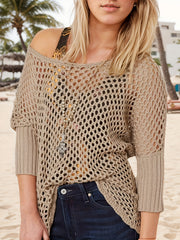 Women's Plus Size Lace Sweater Pullover with 3/4 Sleeves and Openwork Design