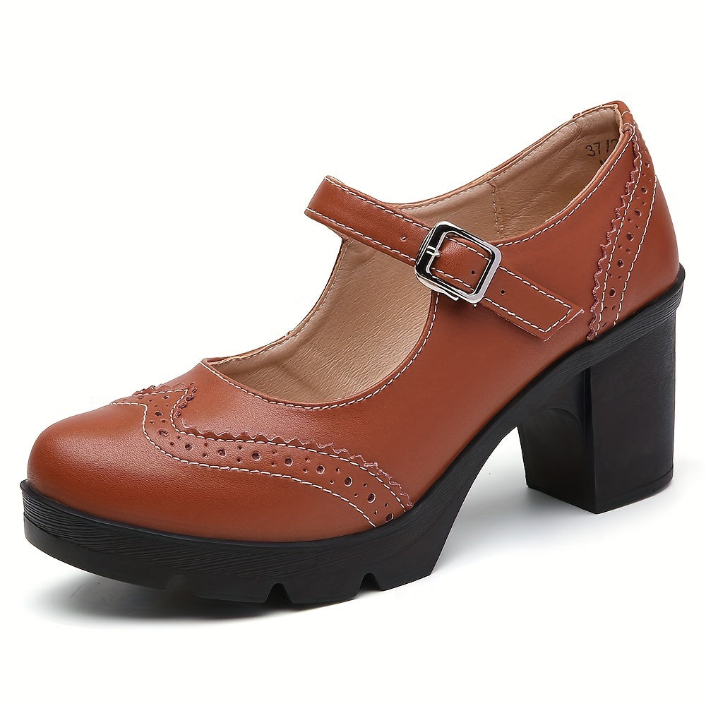 Women's Chunky Heel Brogue Pumps All-Match Classic Buckle Strap Office Shoes