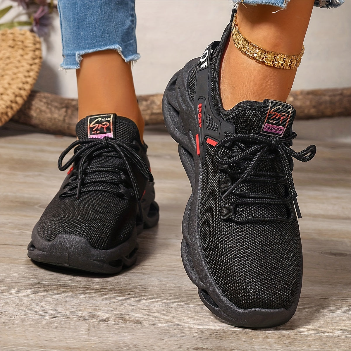 Women’s Red Breathable Knit Running Shoes Lightweight Cushion Sneakers