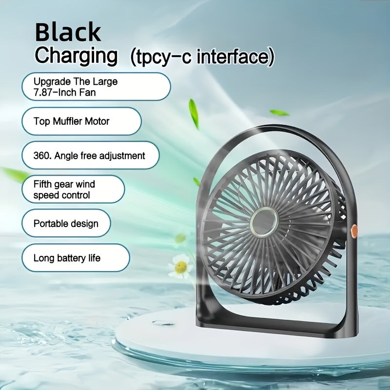 Black Portable Mini Desk Fan 5-Speed USB Rechargeable Quiet Tabletop Fan