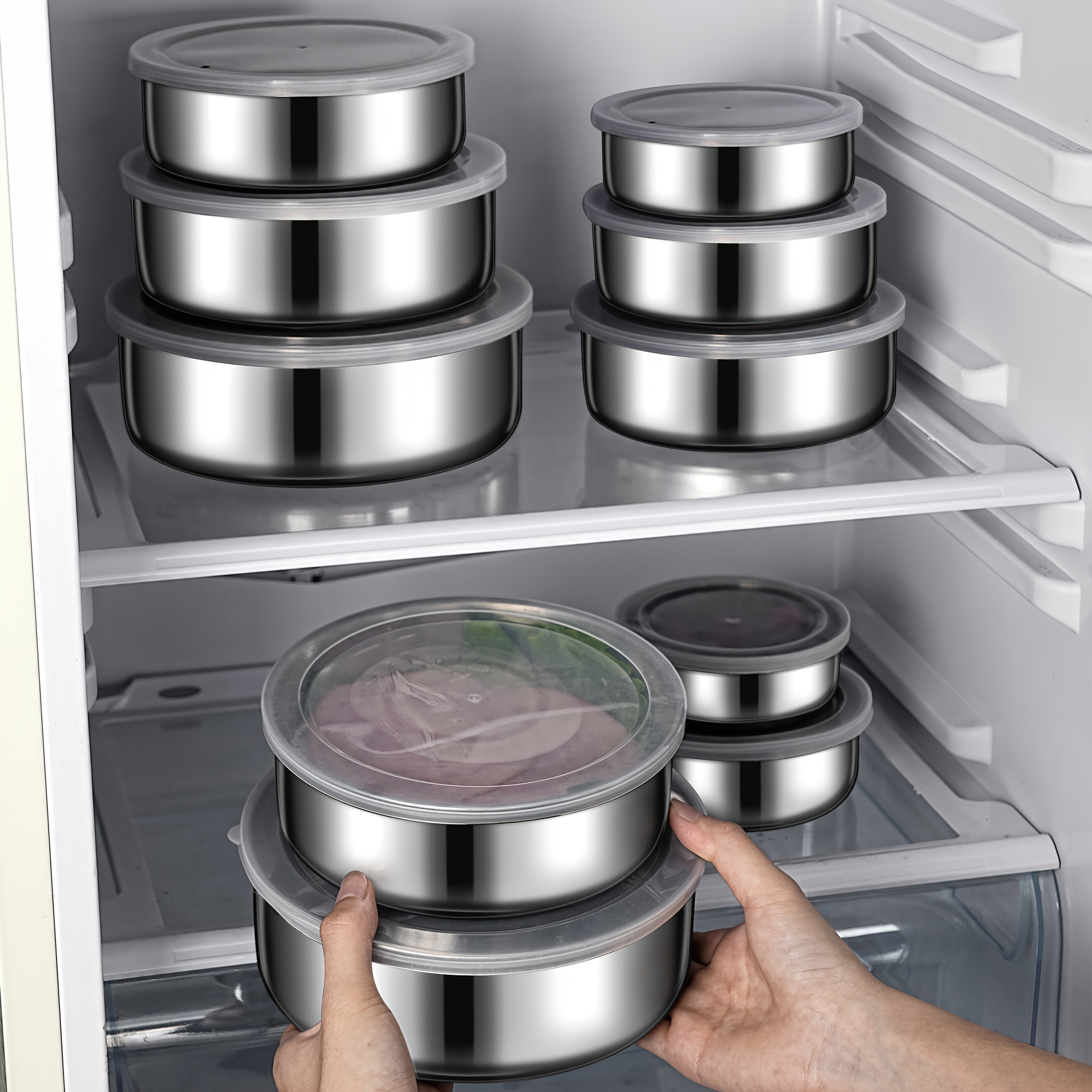 5 ta zanglamas po'latdan yasalgan oziq-ovqat saqlash idishlari to'plami, shaffof qopqoq bilan - mevalar, sabzavotlar va boshqalarni saqlash uchun mukammal | Oshxona tashkiloti uchun zarur, quvvat talab qilinmaydi, oziq-ovqat saqlash uchun xavfsiz