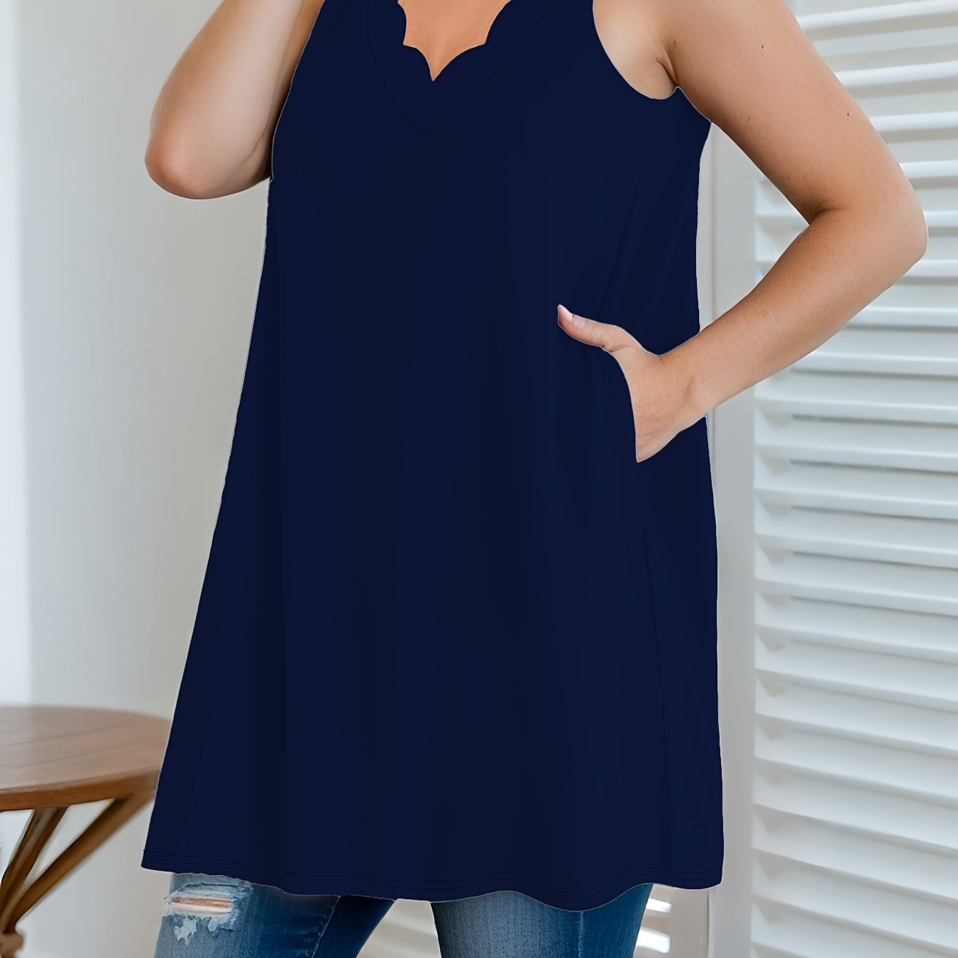 Women's Sleeveless Maxi Tank Top with Pockets V-Neck Solid Polyester Spandex