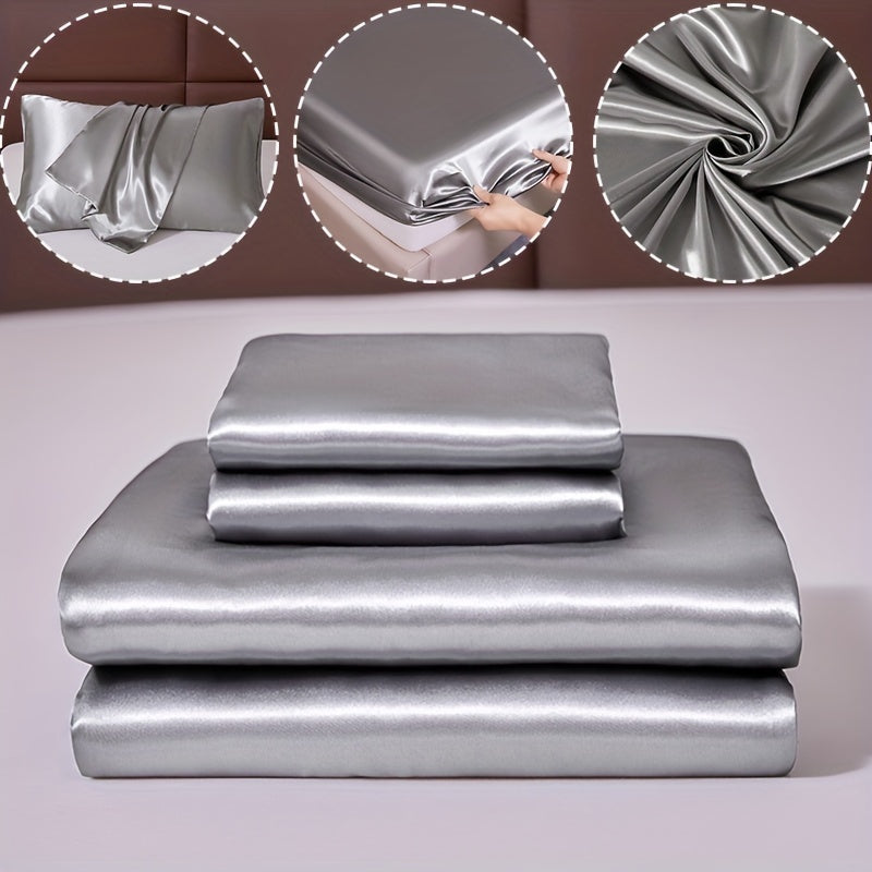 100% Polyester Satin to'plami, bitta varaq va ikkita yostiq qopqog'idan iborat (yadro yo'q). Teriga do'st, yumshoq va ipakdek matodan tayyorlangan, talabalar yotoqxonalari yoki kundalik uy to'shagi uchun mukammal. Yil davomida matrasni himoya qiladi va