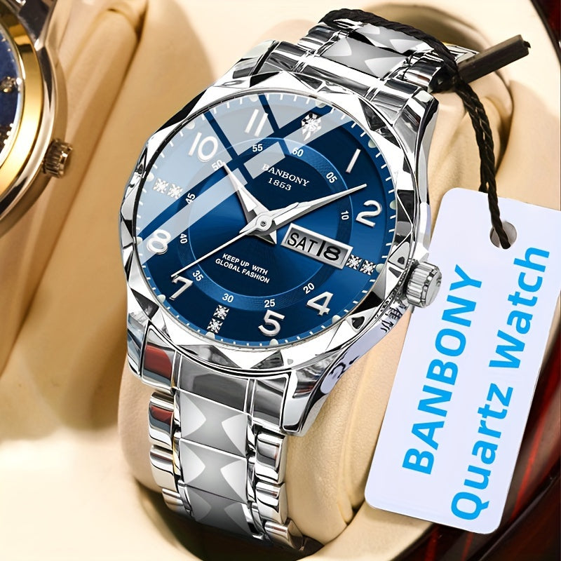 Men's Stainless Steel Quartz Watch with Roman Numeral Dial and Date Calendar