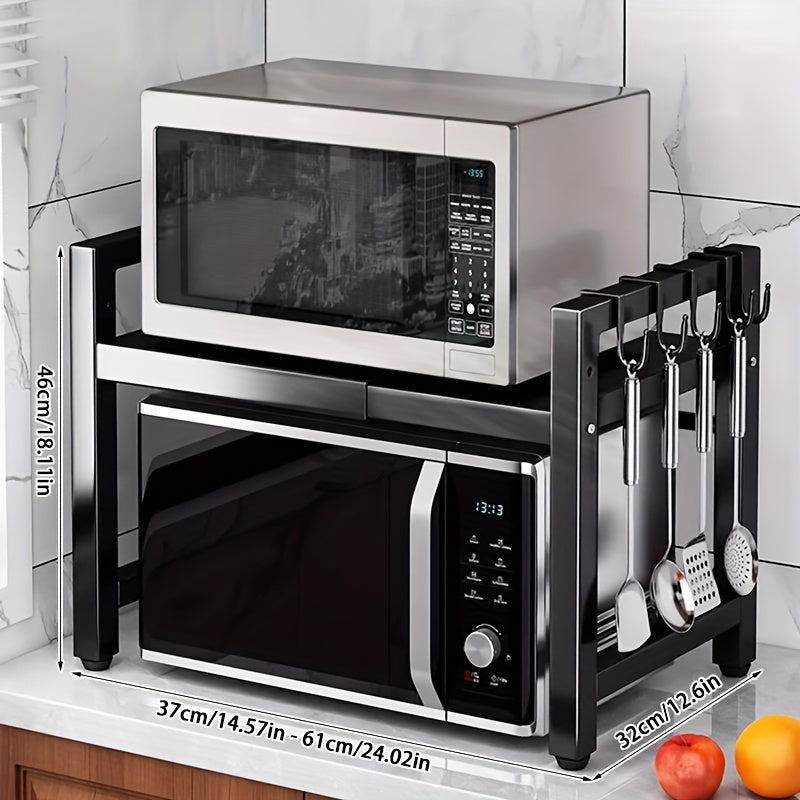 Black Expandable Kitchen Microwave Rack with Hooks and Utensil Storage 37-61cm