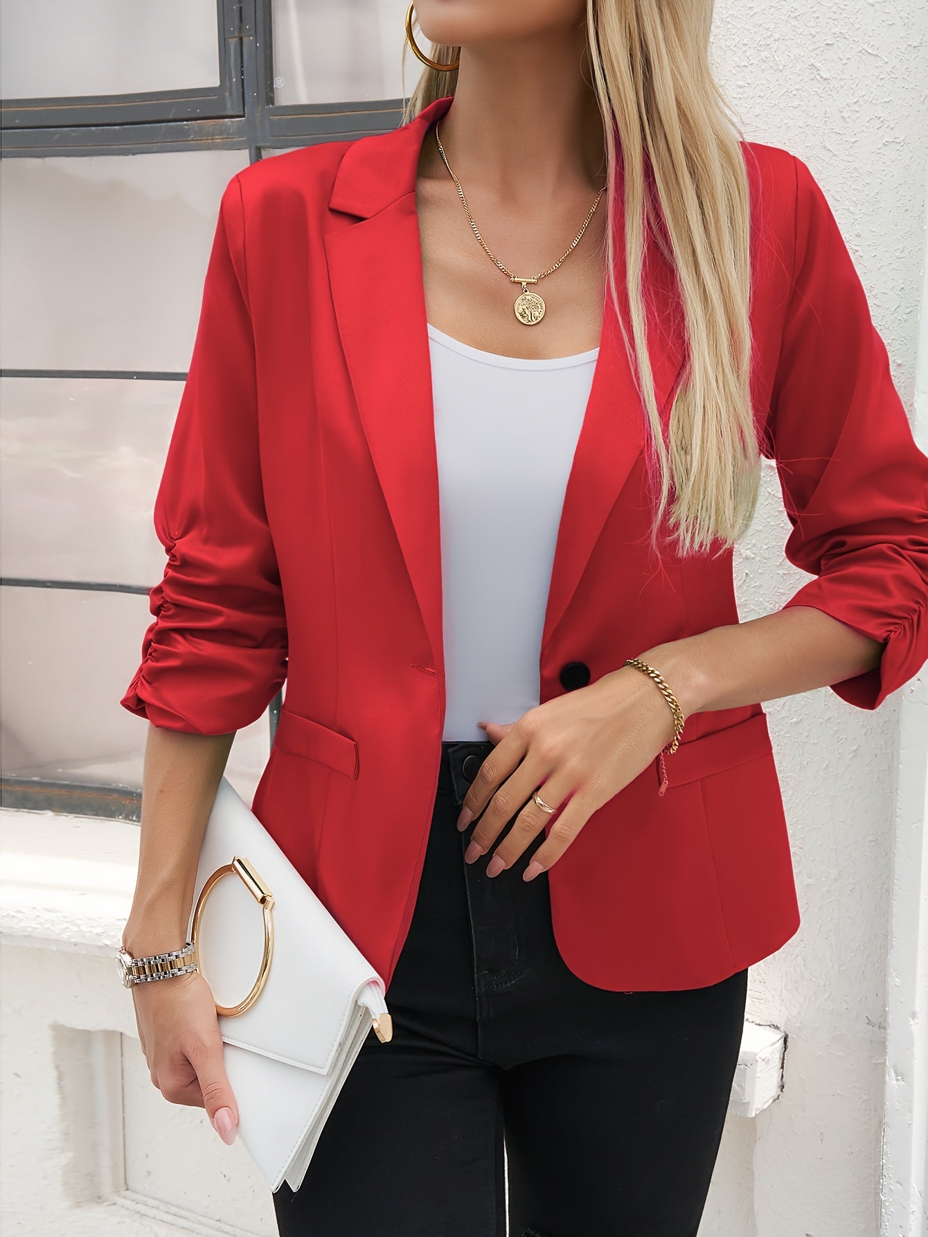 Women's Slim-Fit Casual Blazer Polyester Solid Color Spring Fall Roll-Up Sleeves Single Button Placket