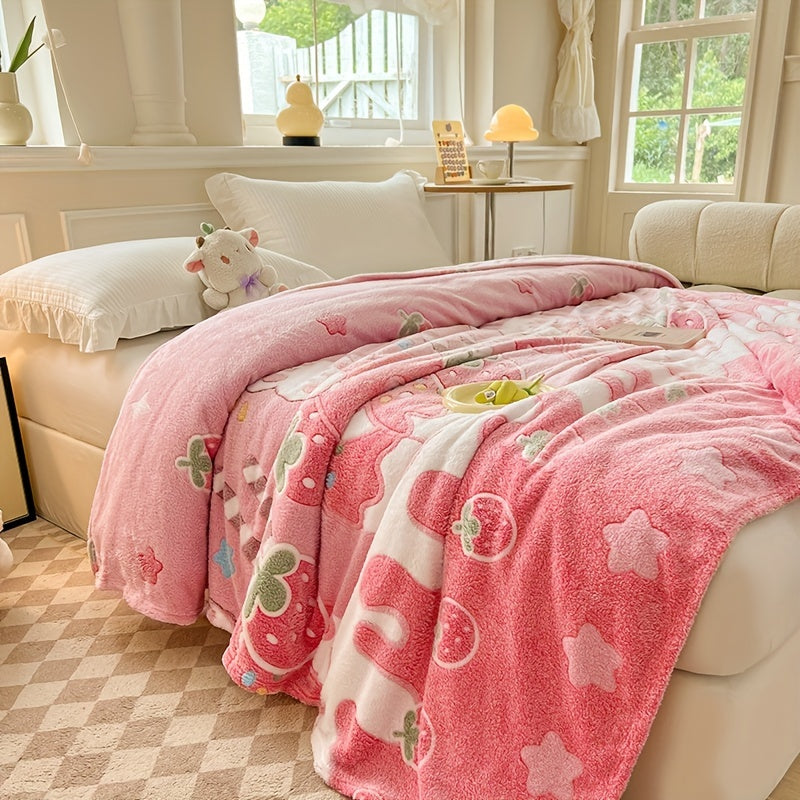 Pink Strawberry and Bear Pattern Blanket for Sofa Bed Naps Soft Cozy All-Season Polyester