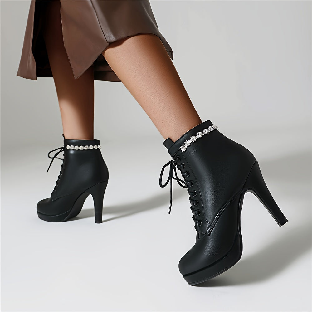 Women High Heel Booties with Lace-Up Closure Rhinestone Chain Winter Dress