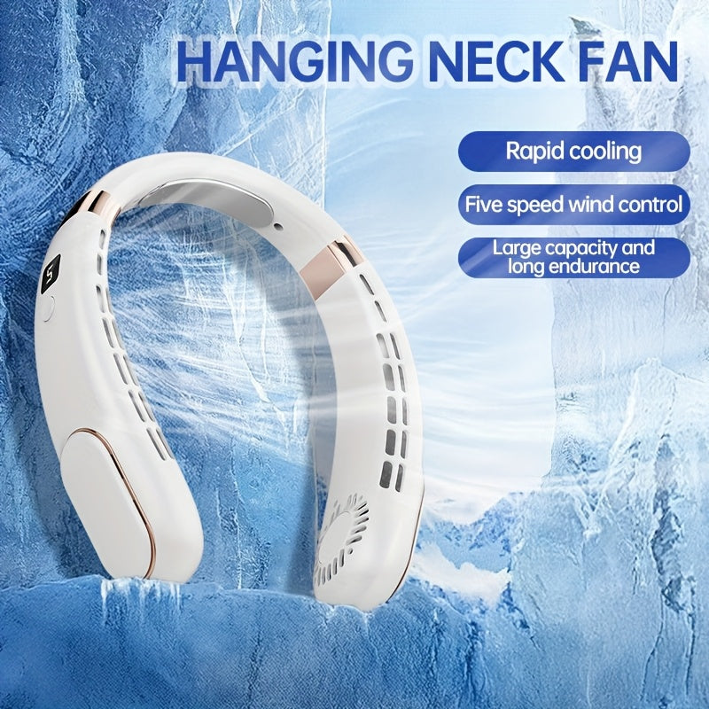 Portable Neck Fan Dual Turbo Airflow USB Rechargeable 5-Speed Cooling for Sports Travel