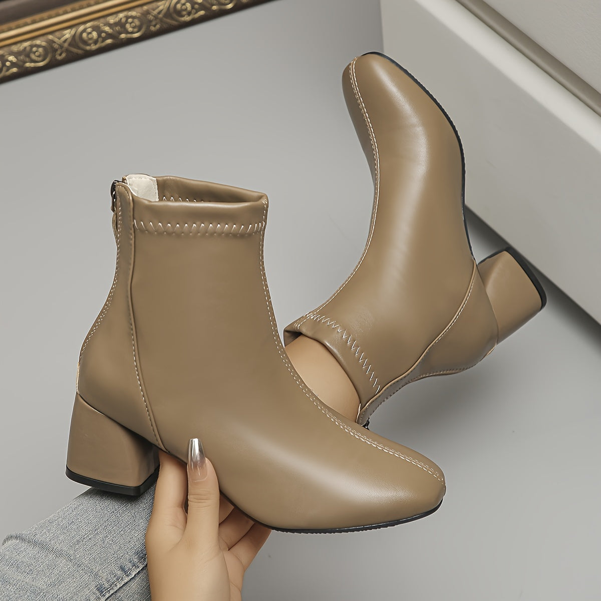 Women's Chunky Heel Ankle Boots Solid Color Back Zipper Rubber PU