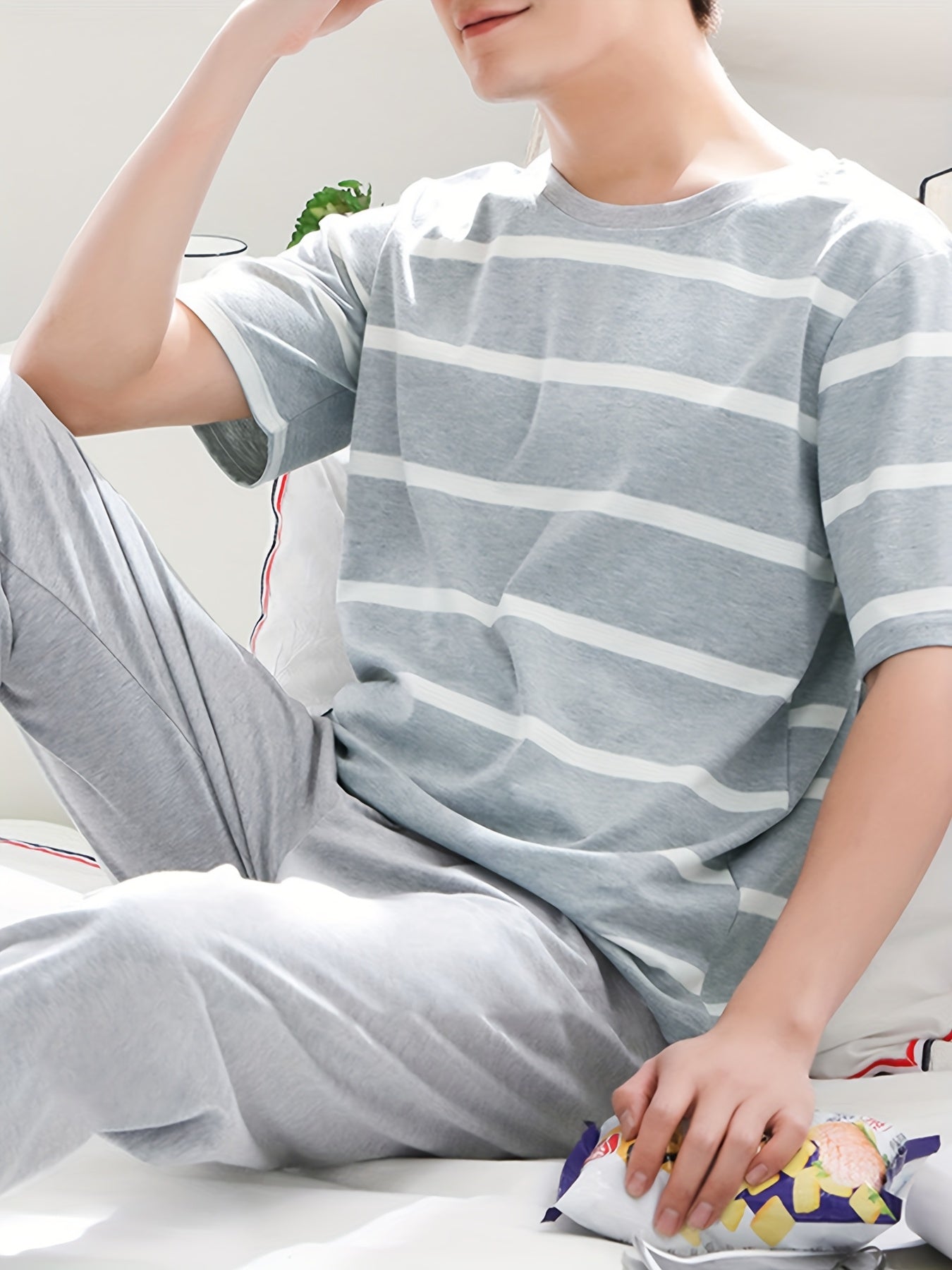 Men's Gray Striped Short Sleeve Pajama Set with Long Pants Lounge Wear