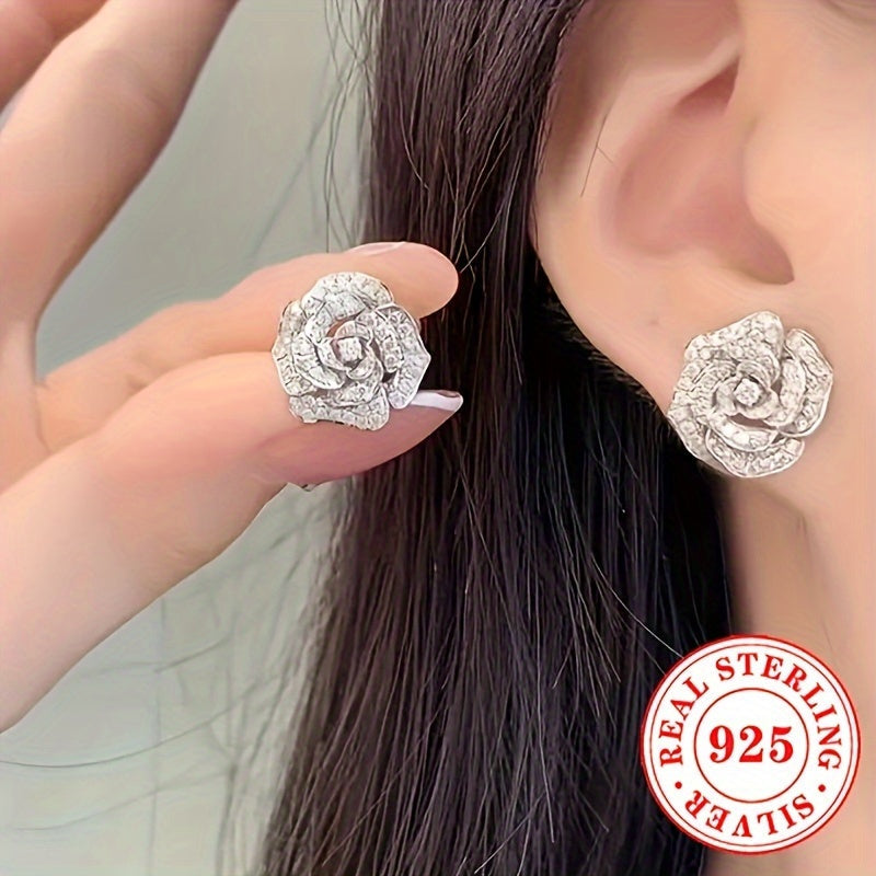 Sterling Silver Rose Flower Stud Earrings with Synthetic Zirconia
