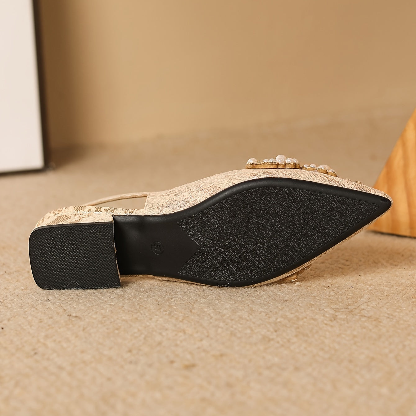 Women's Low Heel Shoes with Faux Pearl Decoration Pointed Toe Buckle Strap All-Season Elegant Fabric